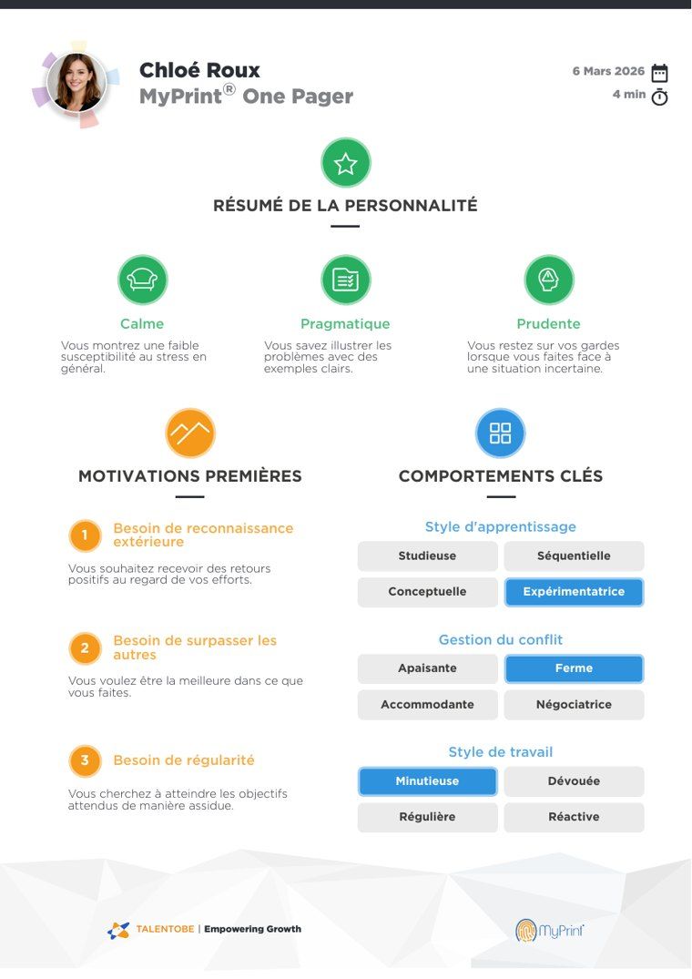Rapport une page de Chloé Roux, profil de démonstration